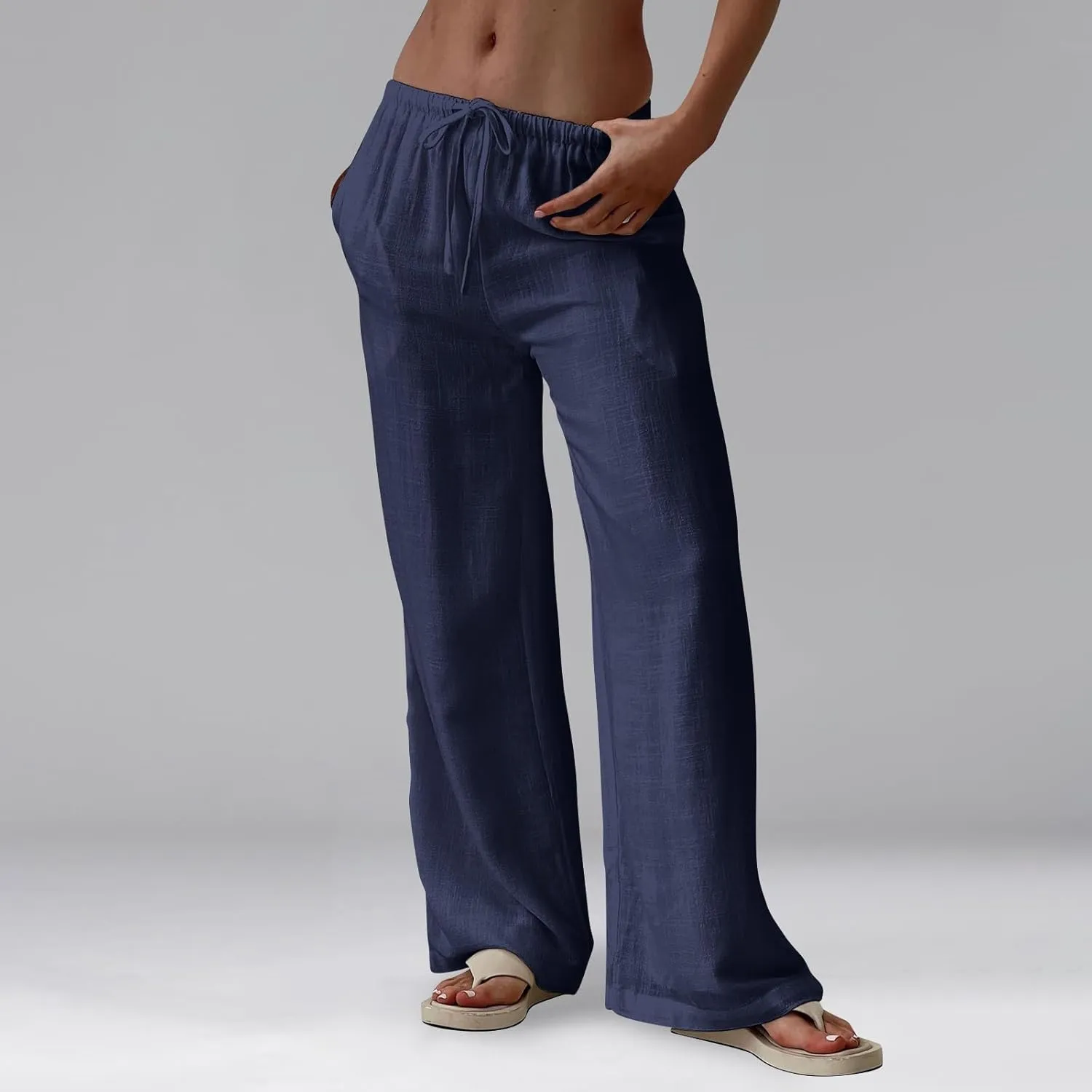 Linen Pants for Women Summer High Waisted Drawstring Wide Leg Palazzo Pants Casual Boho Beach Trousers with Pockets