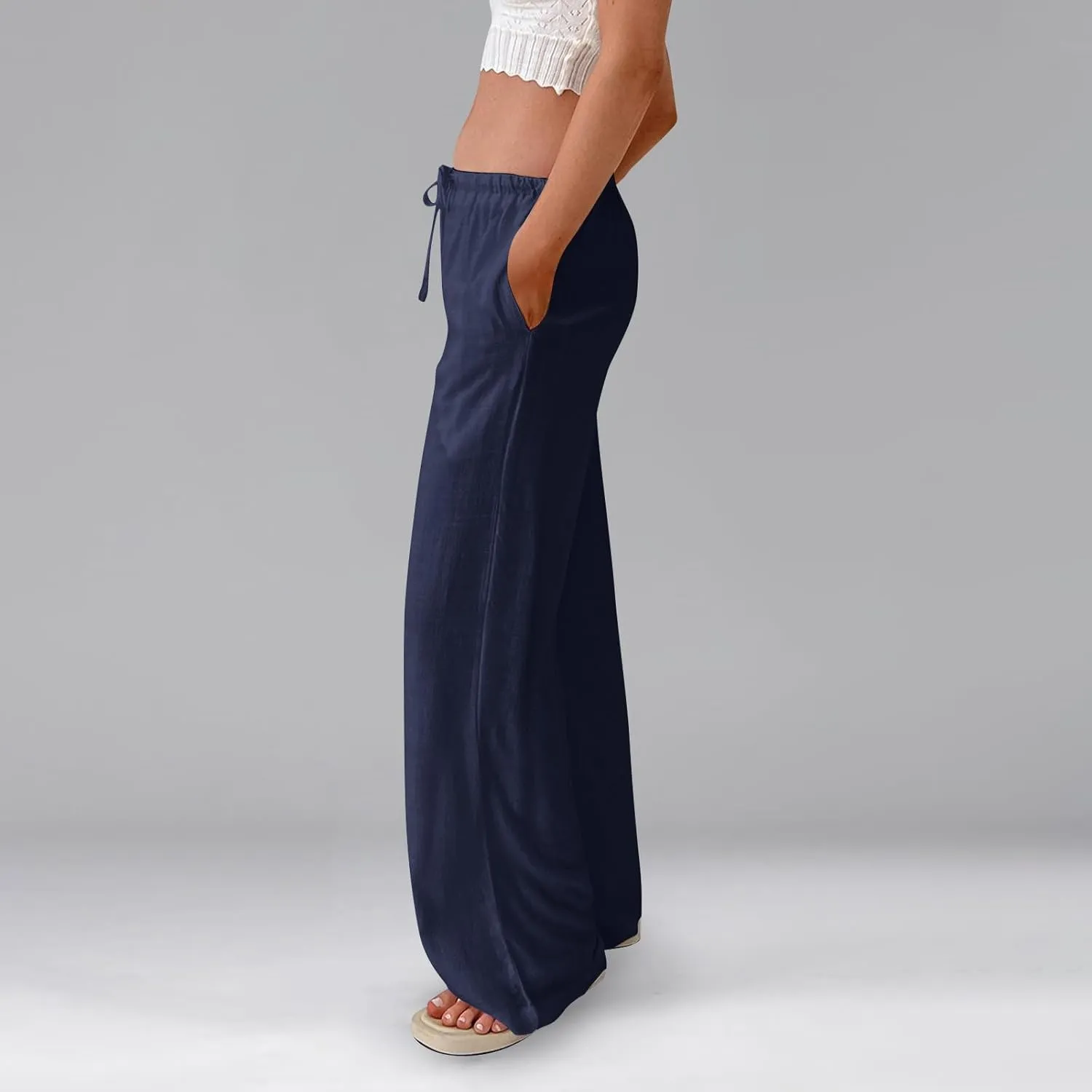 Linen Pants for Women Summer High Waisted Drawstring Wide Leg Palazzo Pants Casual Boho Beach Trousers with Pockets