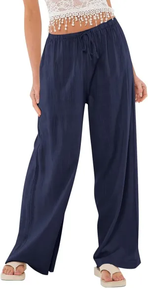 Linen Pants for Women Summer High Waisted Drawstring Wide Leg Palazzo Pants Casual Boho Beach Trousers with Pockets