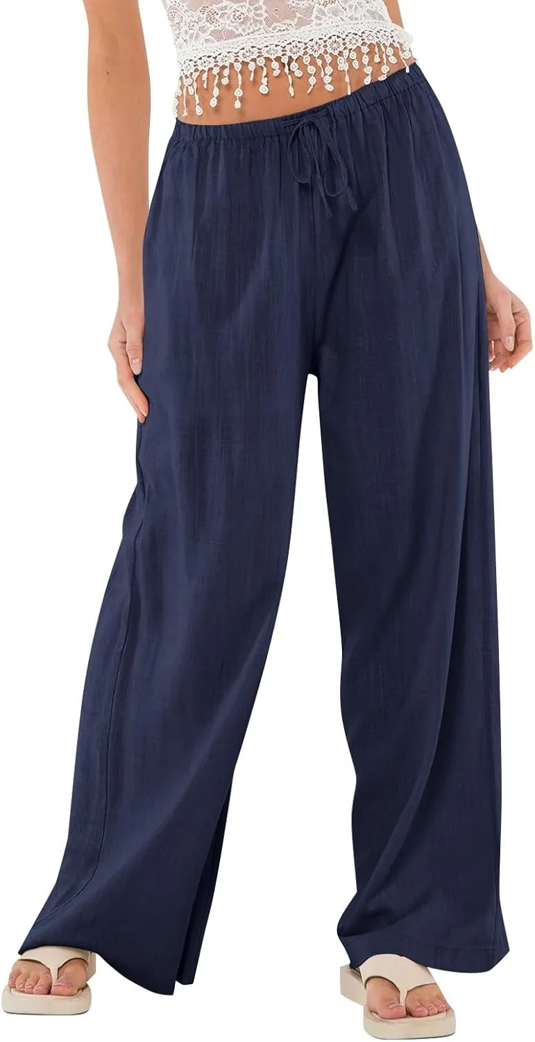 Linen Pants for Women Summer High Waisted Drawstring Wide Leg Palazzo Pants Casual Boho Beach Trousers with Pockets