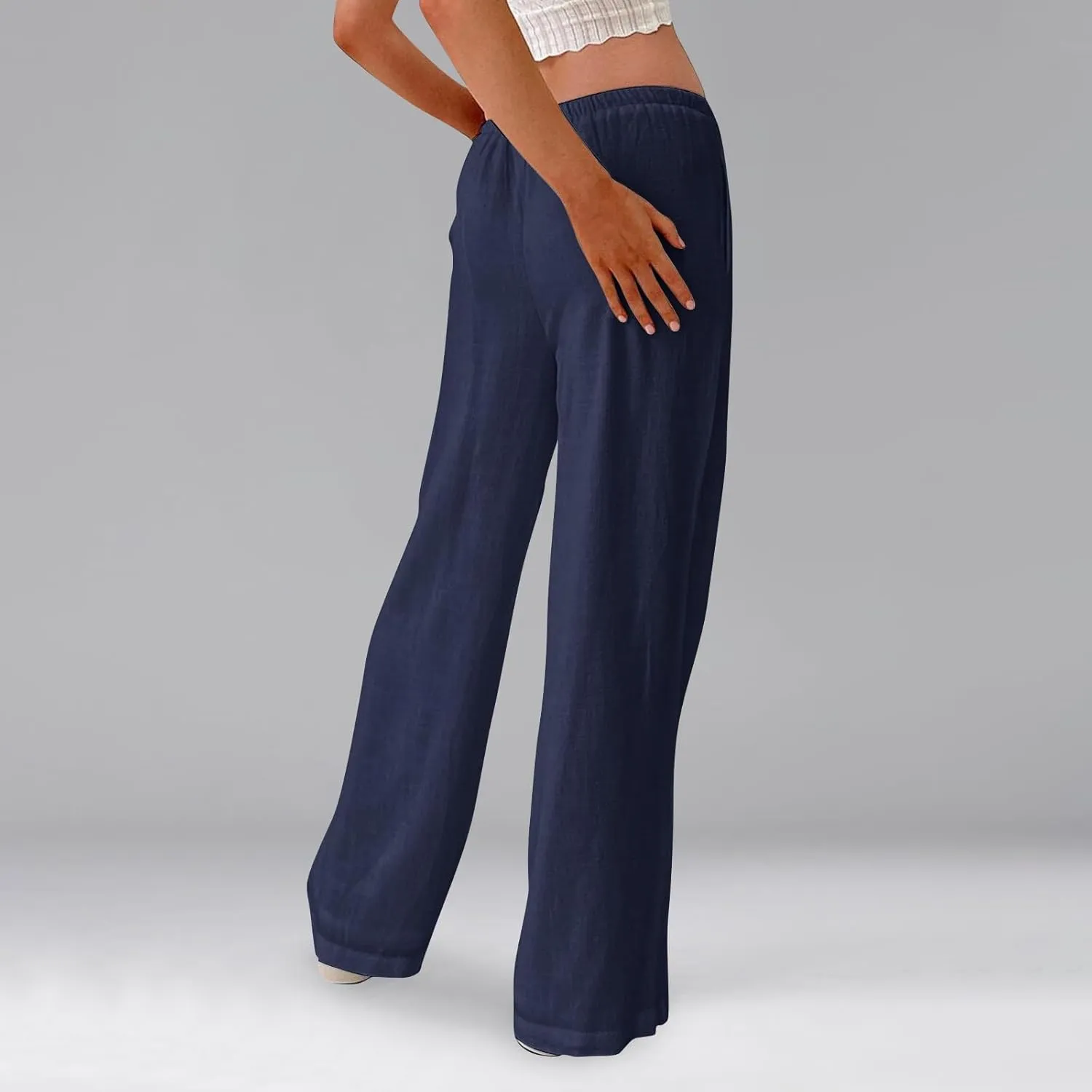 Linen Pants for Women Summer High Waisted Drawstring Wide Leg Palazzo Pants Casual Boho Beach Trousers with Pockets