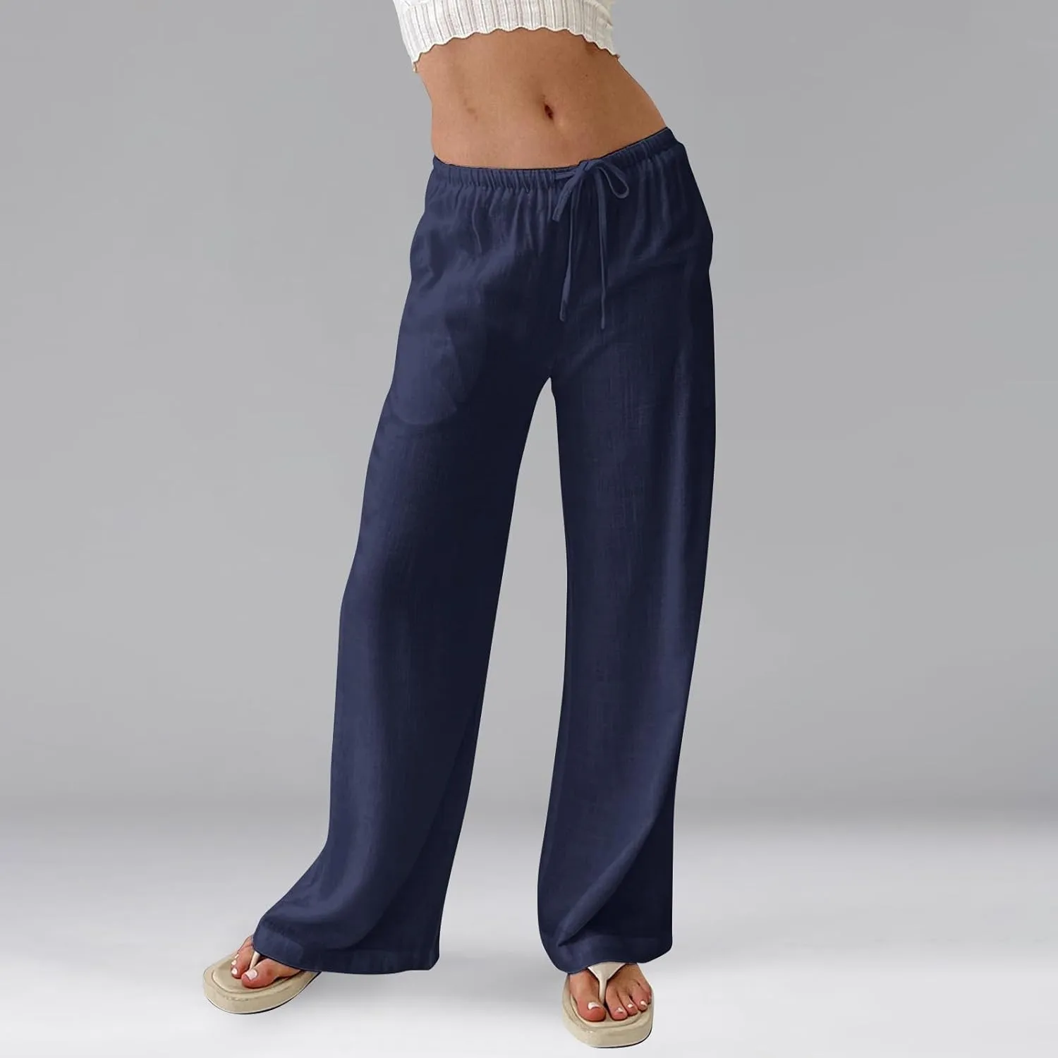Linen Pants for Women Summer High Waisted Drawstring Wide Leg Palazzo Pants Casual Boho Beach Trousers with Pockets