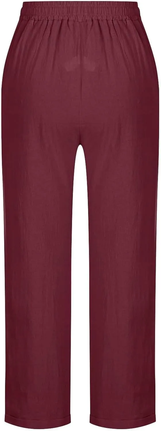 Linen Pants for Women Summer Lightweight Drawstring Waisted Casual Trousers Wide Leg Beach Lounge Pants with Pockets