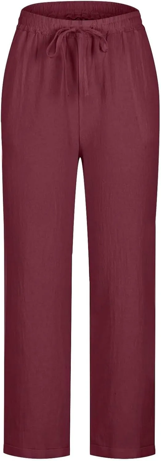 Linen Pants for Women Summer Lightweight Drawstring Waisted Casual Trousers Wide Leg Beach Lounge Pants with Pockets