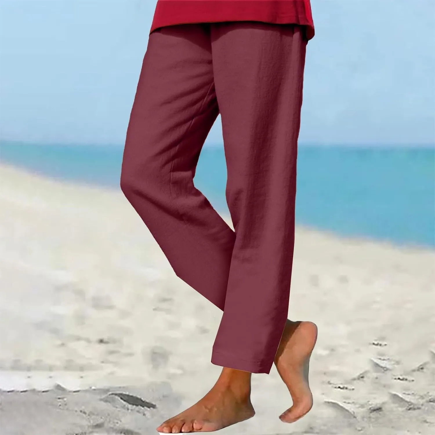 Linen Pants for Women Summer Lightweight Drawstring Waisted Casual Trousers Wide Leg Beach Lounge Pants with Pockets