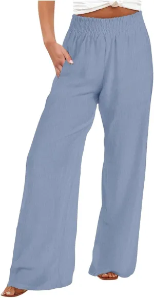 Linen Pants for Women's Smocked High Waist Palazzo Pants Summer Flowy Long Pants Wide Leg Beach Trousers with Pockets