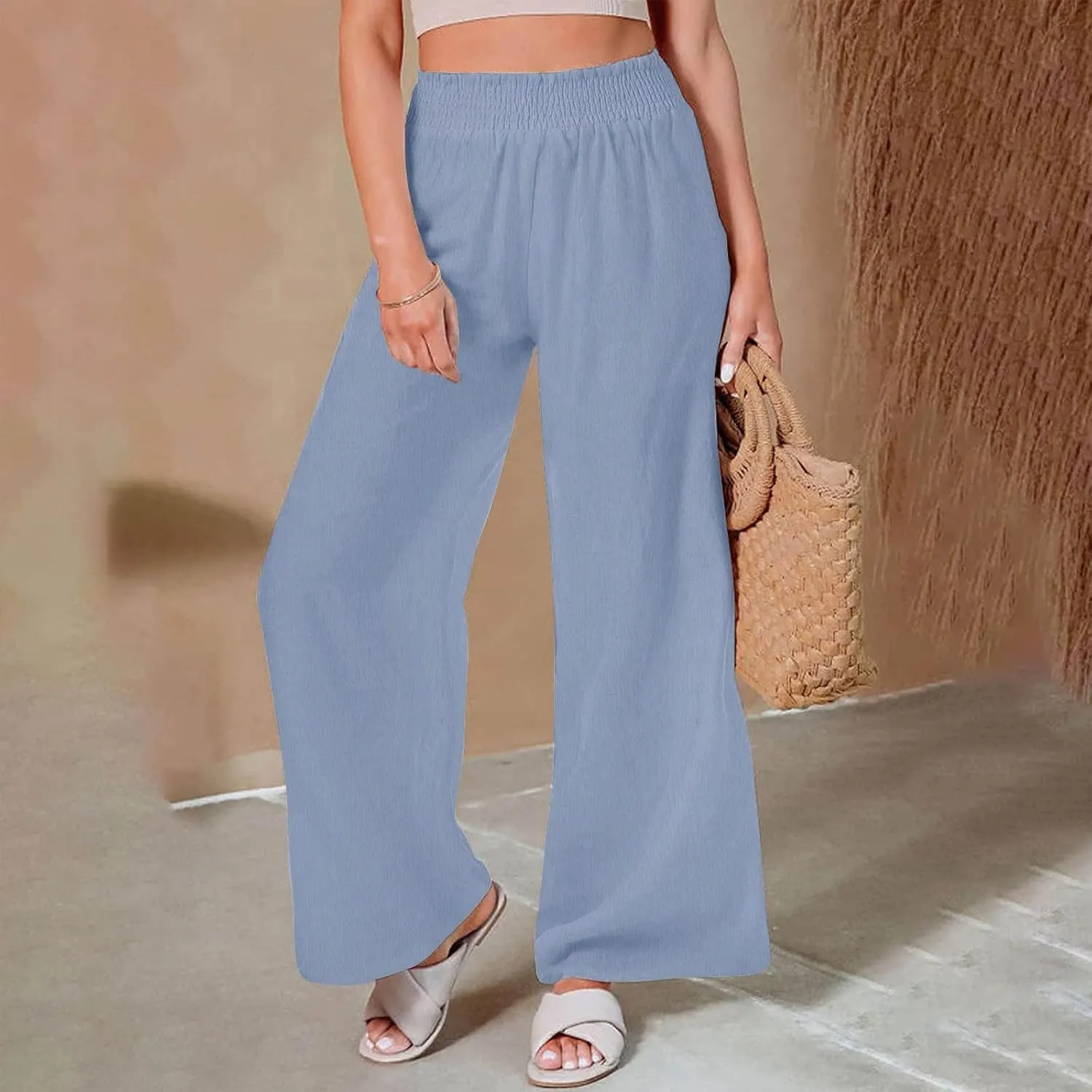 Linen Pants for Women's Smocked High Waist Palazzo Pants Summer Flowy Long Pants Wide Leg Beach Trousers with Pockets