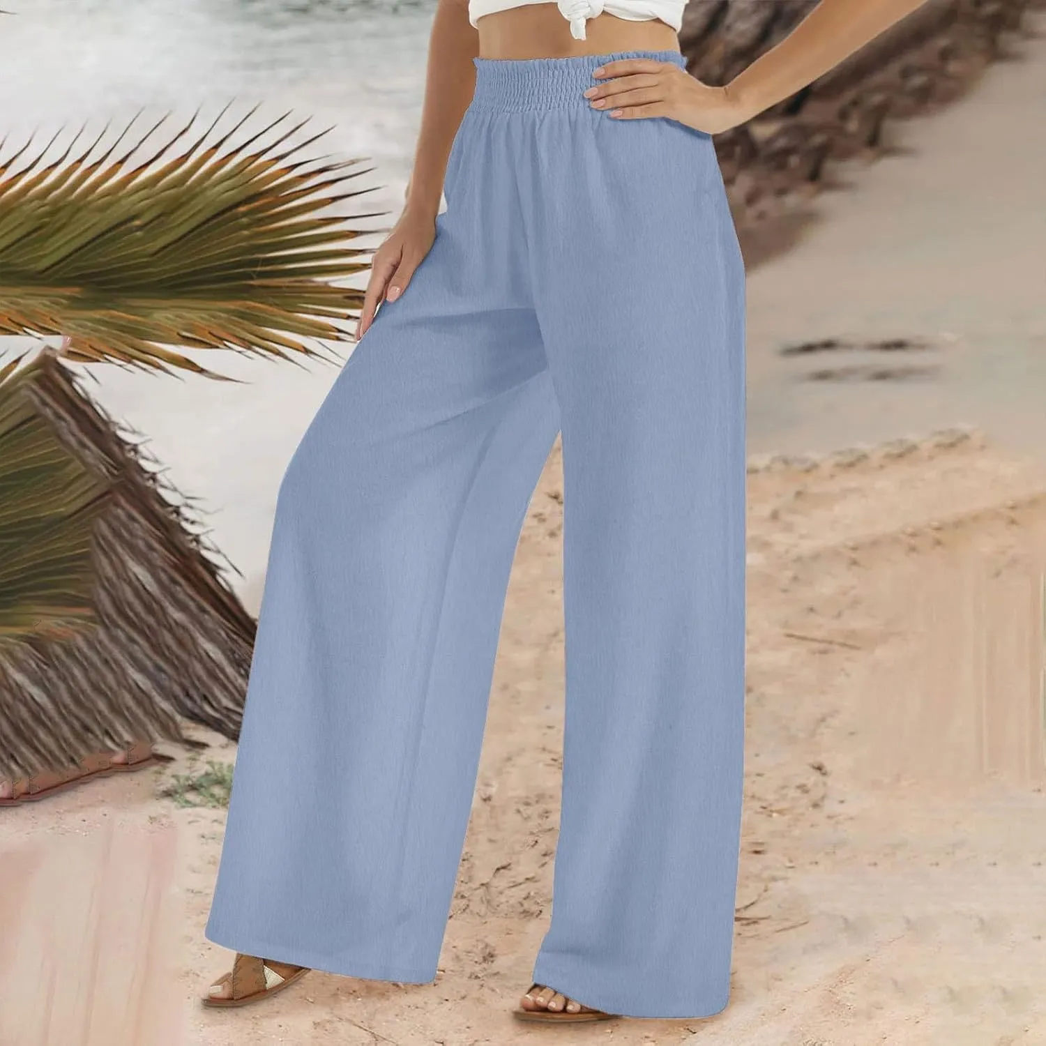 Linen Pants for Women's Smocked High Waist Palazzo Pants Summer Flowy Long Pants Wide Leg Beach Trousers with Pockets