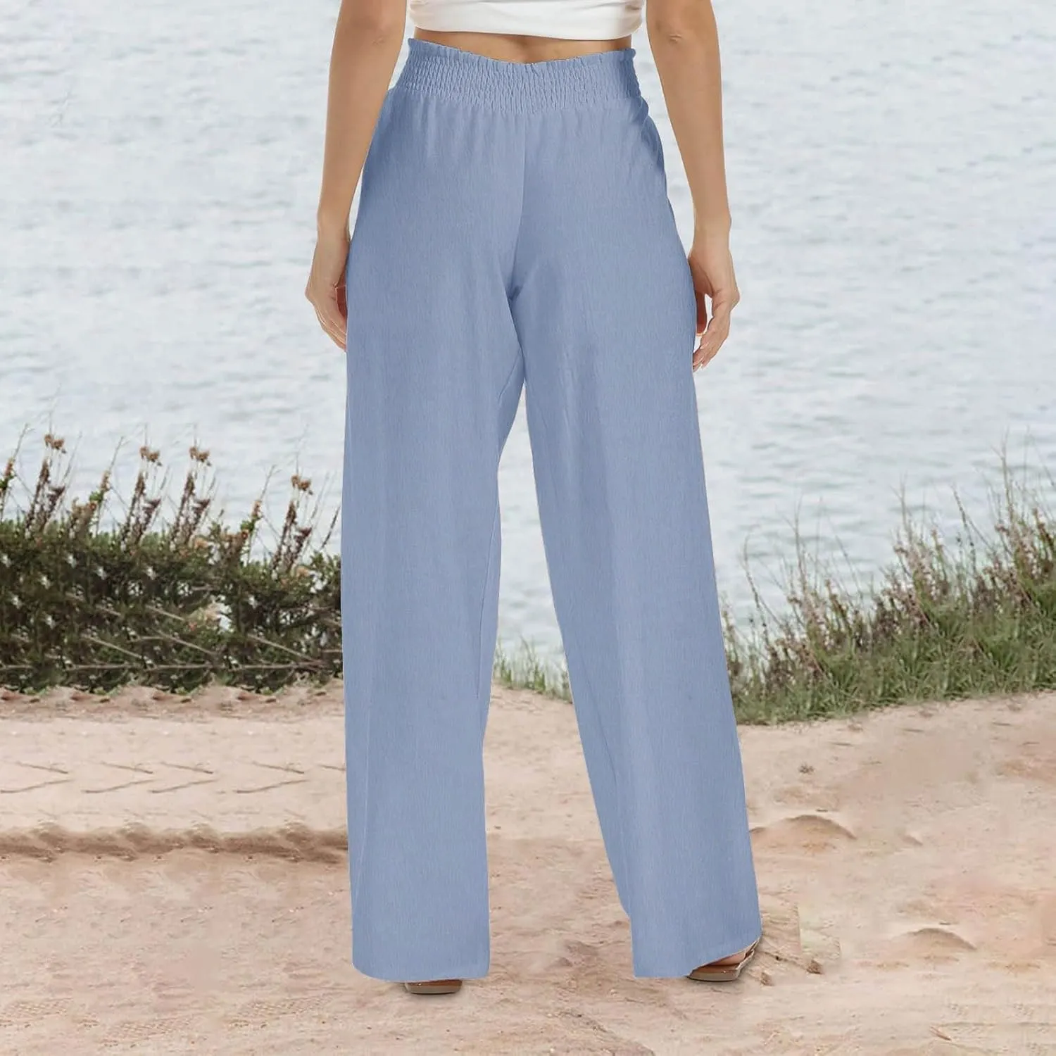 Linen Pants for Women's Smocked High Waist Palazzo Pants Summer Flowy Long Pants Wide Leg Beach Trousers with Pockets