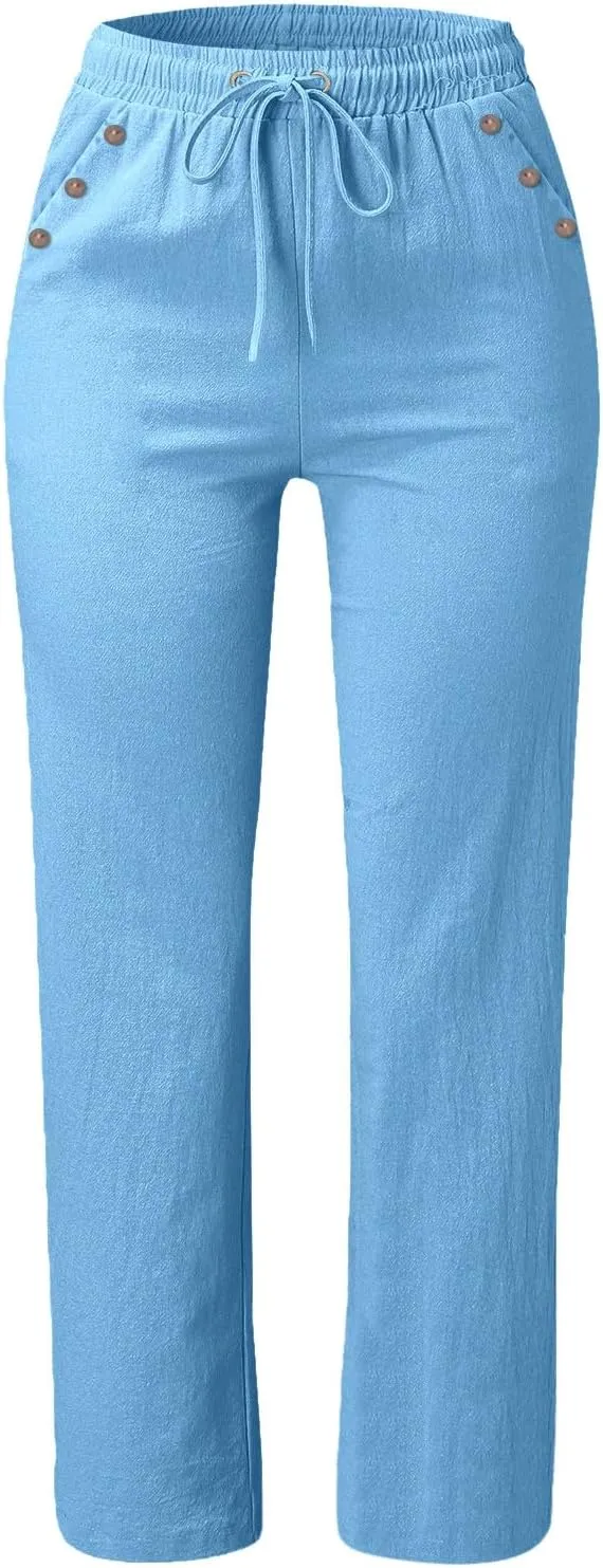 Linen Pants Women Summer Drawstring High Waist Straight Leg Pants Casual Dressy Work Pants Vacation Beach Trousers Pockets
