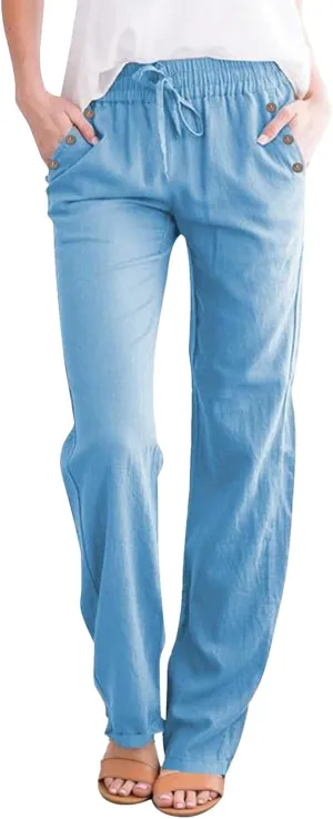 Linen Pants Women Summer Drawstring High Waist Straight Leg Pants Casual Dressy Work Pants Vacation Beach Trousers Pockets