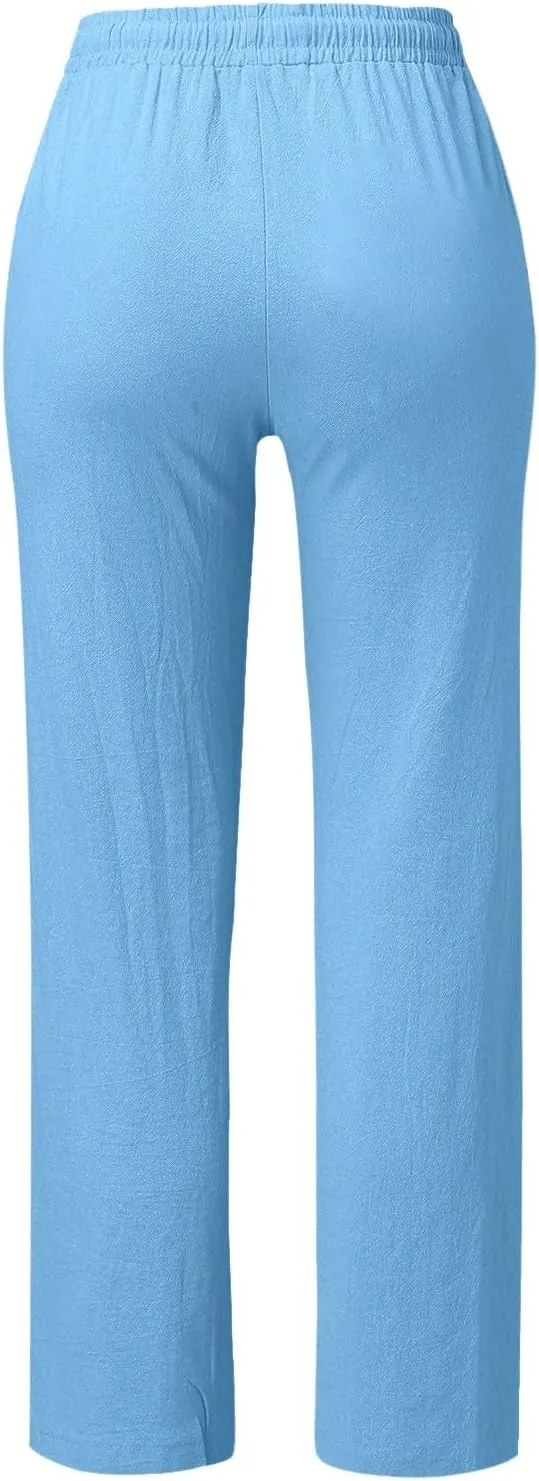 Linen Pants Women Summer Drawstring High Waist Straight Leg Pants Casual Dressy Work Pants Vacation Beach Trousers Pockets