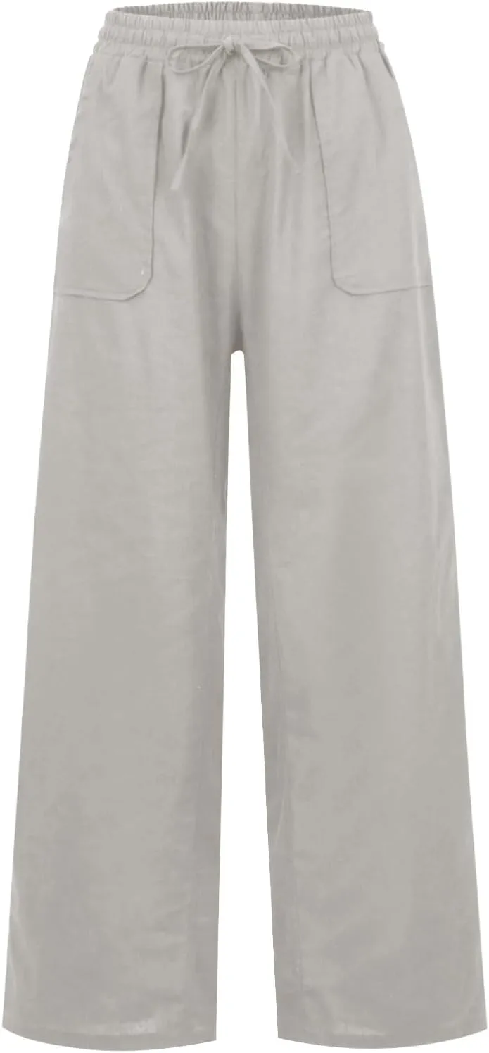 Linen Pants Women Summer Elastic High Waisted Wide Leg Pants Drawstring Lightweight Summer Pants Boho Beach Trousers