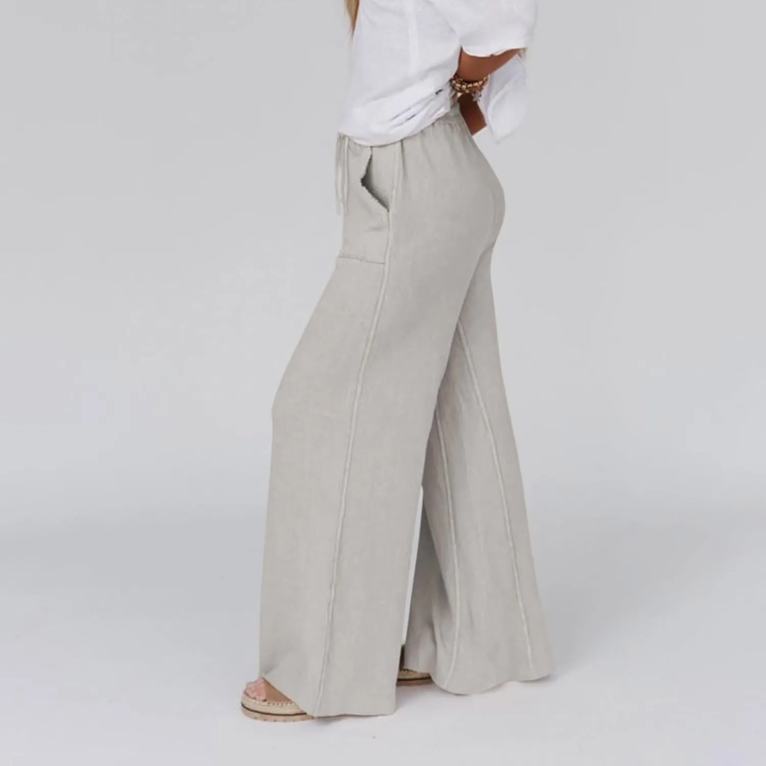 Linen Pants Women Summer Elastic High Waisted Wide Leg Pants Drawstring Lightweight Summer Pants Boho Beach Trousers