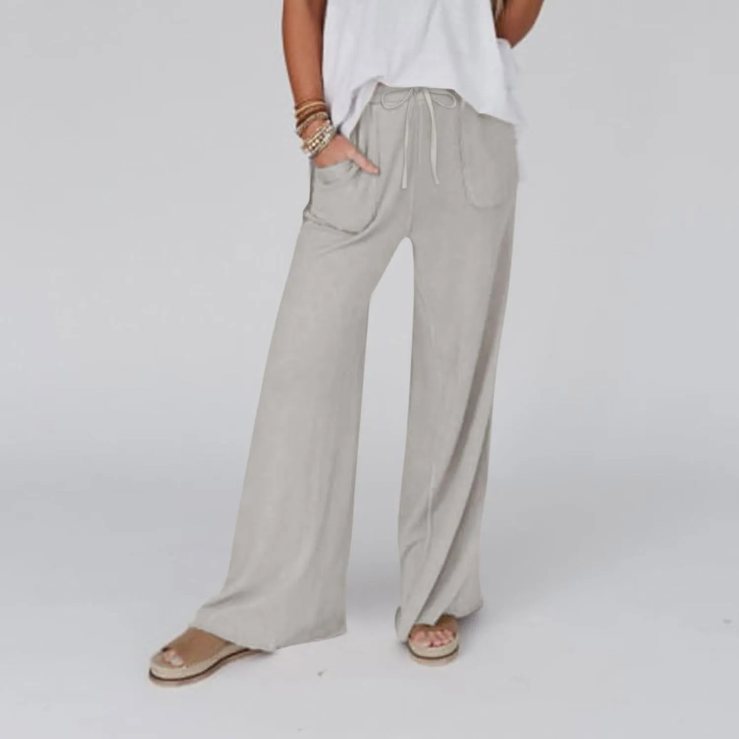 Linen Pants Women Summer Elastic High Waisted Wide Leg Pants Drawstring Lightweight Summer Pants Boho Beach Trousers