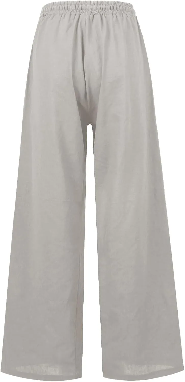 Linen Pants Women Summer Elastic High Waisted Wide Leg Pants Drawstring Lightweight Summer Pants Boho Beach Trousers