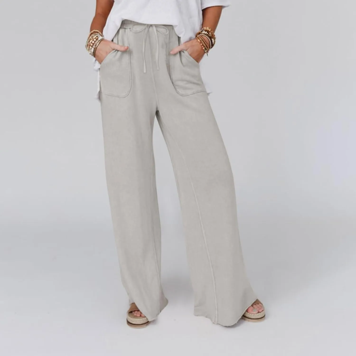 Linen Pants Women Summer Elastic High Waisted Wide Leg Pants Drawstring Lightweight Summer Pants Boho Beach Trousers