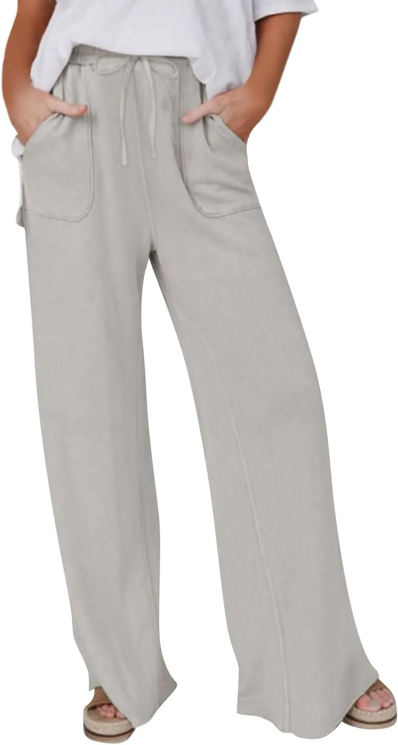 Linen Pants Women Summer Elastic High Waisted Wide Leg Pants Drawstring Lightweight Summer Pants Boho Beach Trousers