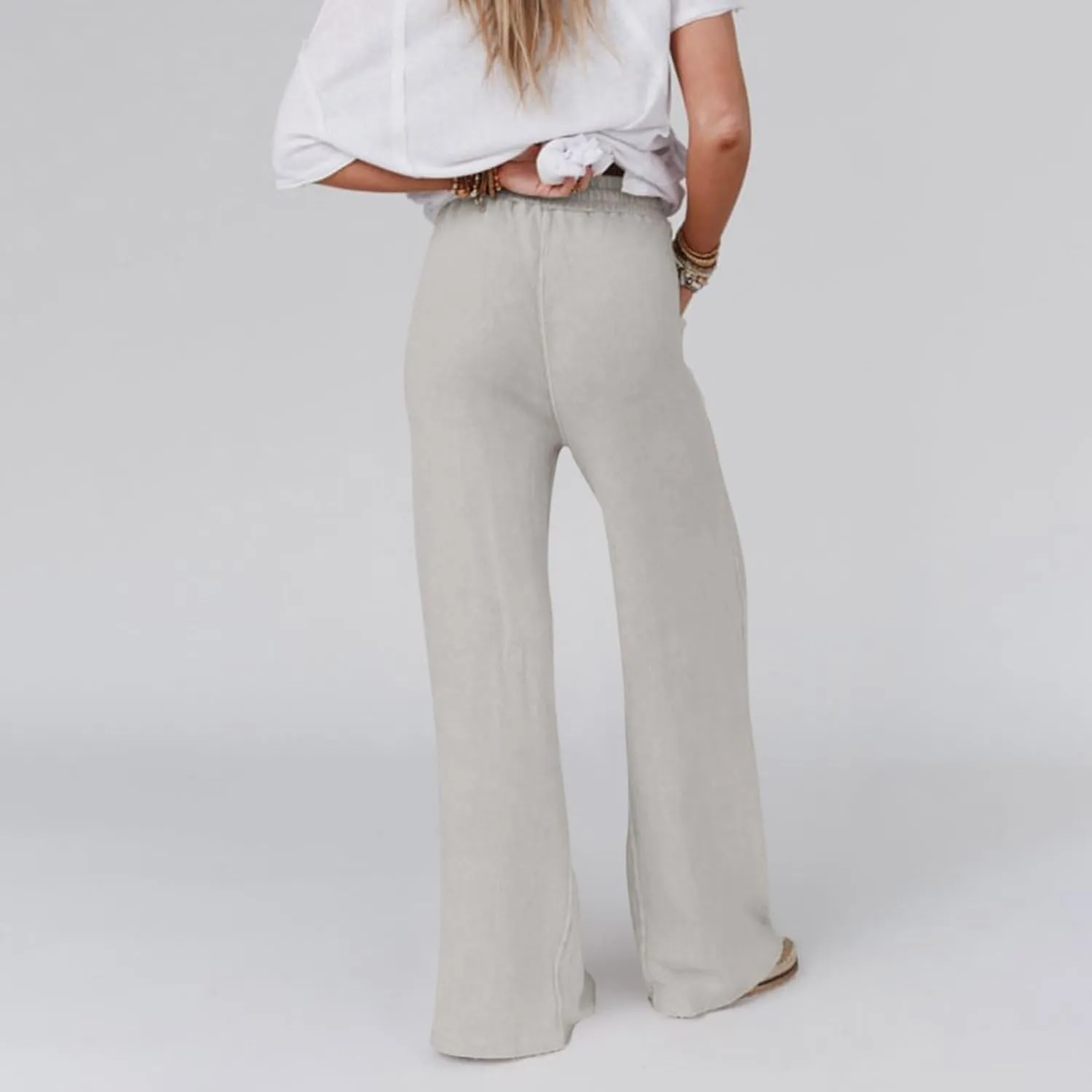 Linen Pants Women Summer Elastic High Waisted Wide Leg Pants Drawstring Lightweight Summer Pants Boho Beach Trousers