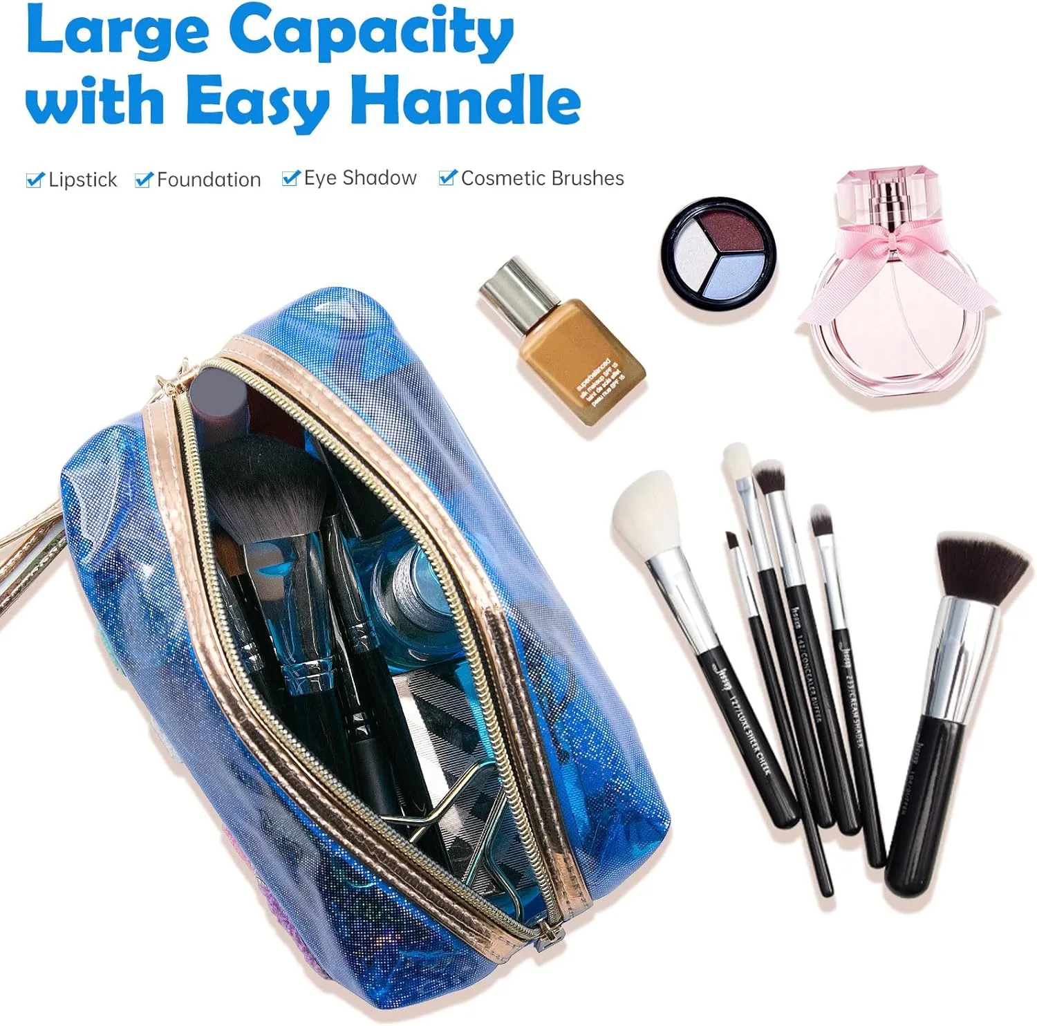 Long Keeper Clear Cosmetic Bag Waterproof Letter Make Up Bag Women Travel Makeup Organizer Bag Toiletry Bag with Handle Strap (Blue)