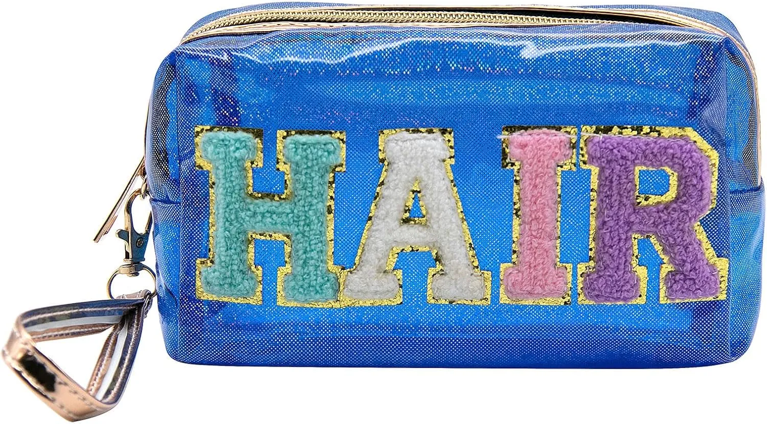 Long Keeper Clear Cosmetic Bag Waterproof Letter Make Up Bag Women Travel Makeup Organizer Bag Toiletry Bag with Handle Strap (Blue)