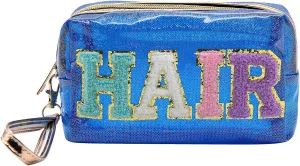 Long Keeper Clear Cosmetic Bag Waterproof Letter Make Up Bag Women Travel Makeup Organizer Bag Toiletry Bag with Handle Strap (Blue)