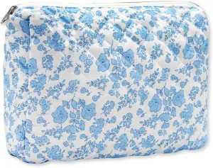 Long Keeper Large Makeup Bag Floral Aesthetic Cosmetic Bag Women Cotton Travel Make Up Bag Cute Flower Toiletry Organizer Bag (White Blue Flower)