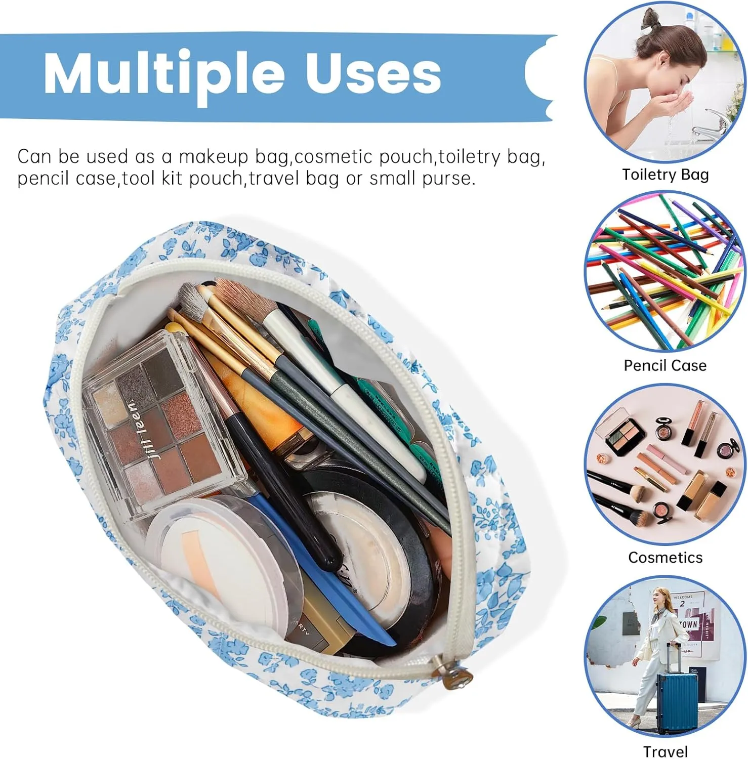 Long Keeper Large Makeup Bag Floral Aesthetic Cosmetic Bag Women Cotton Travel Make Up Bag Cute Flower Toiletry Organizer Bag (White Blue Flower)