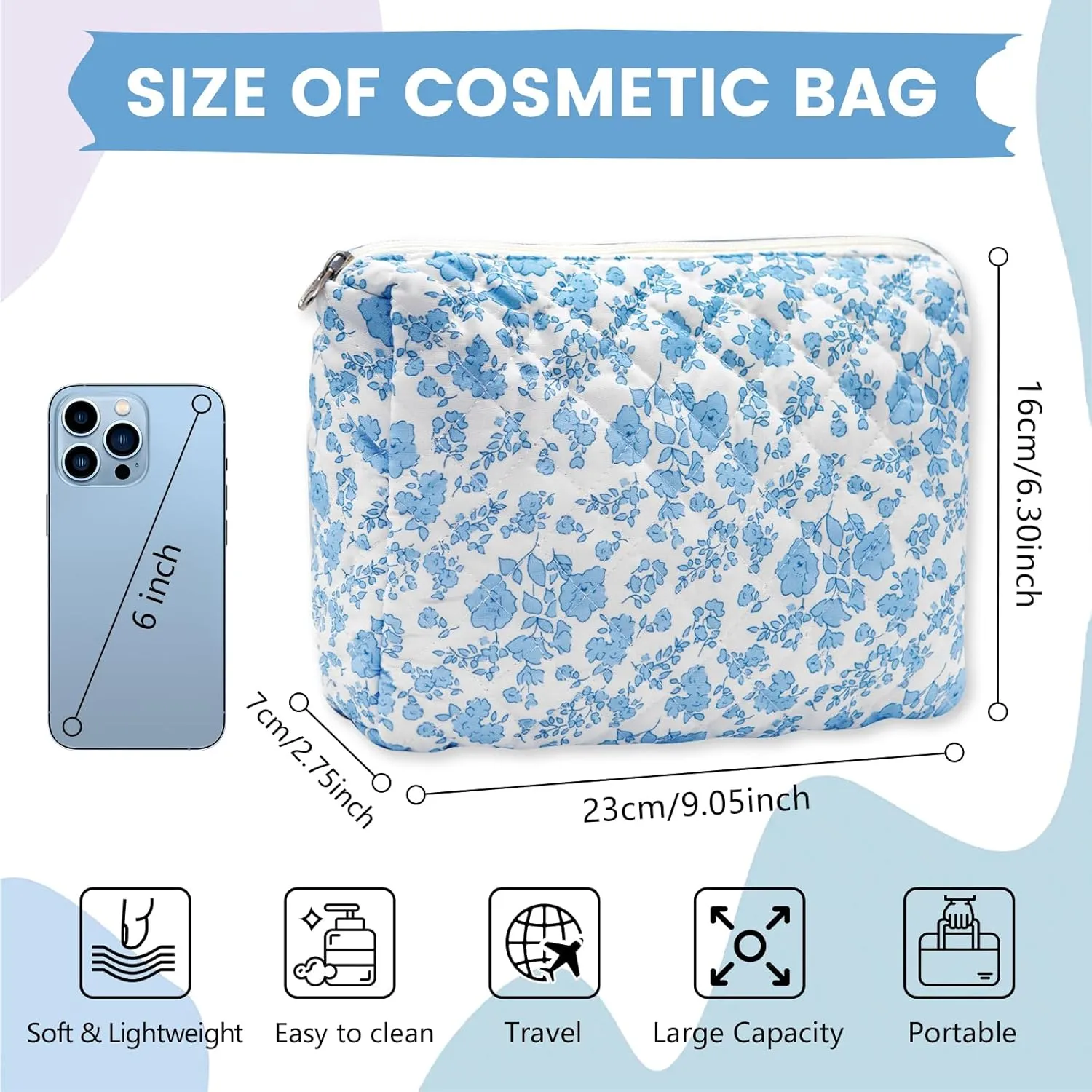 Long Keeper Large Makeup Bag Floral Aesthetic Cosmetic Bag Women Cotton Travel Make Up Bag Cute Flower Toiletry Organizer Bag (White Blue Flower)