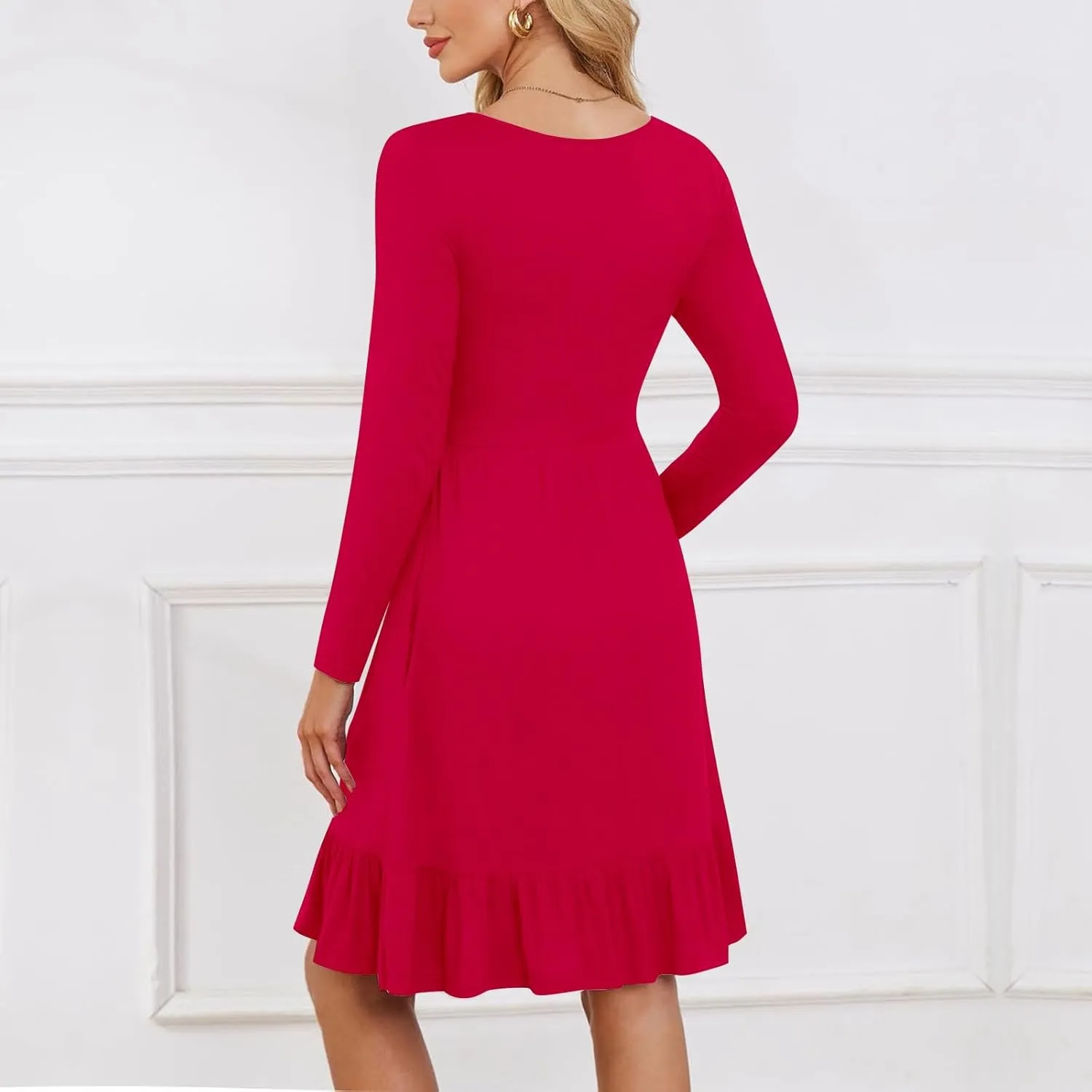 Long Sleeve Dress for Women Plus Size Casual Ruffle Tiered Swing Midi Dress with Pocket Tunic A-Line Dresses