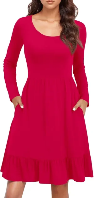 Long Sleeve Dress for Women Plus Size Casual Ruffle Tiered Swing Midi Dress with Pocket Tunic A-Line Dresses
