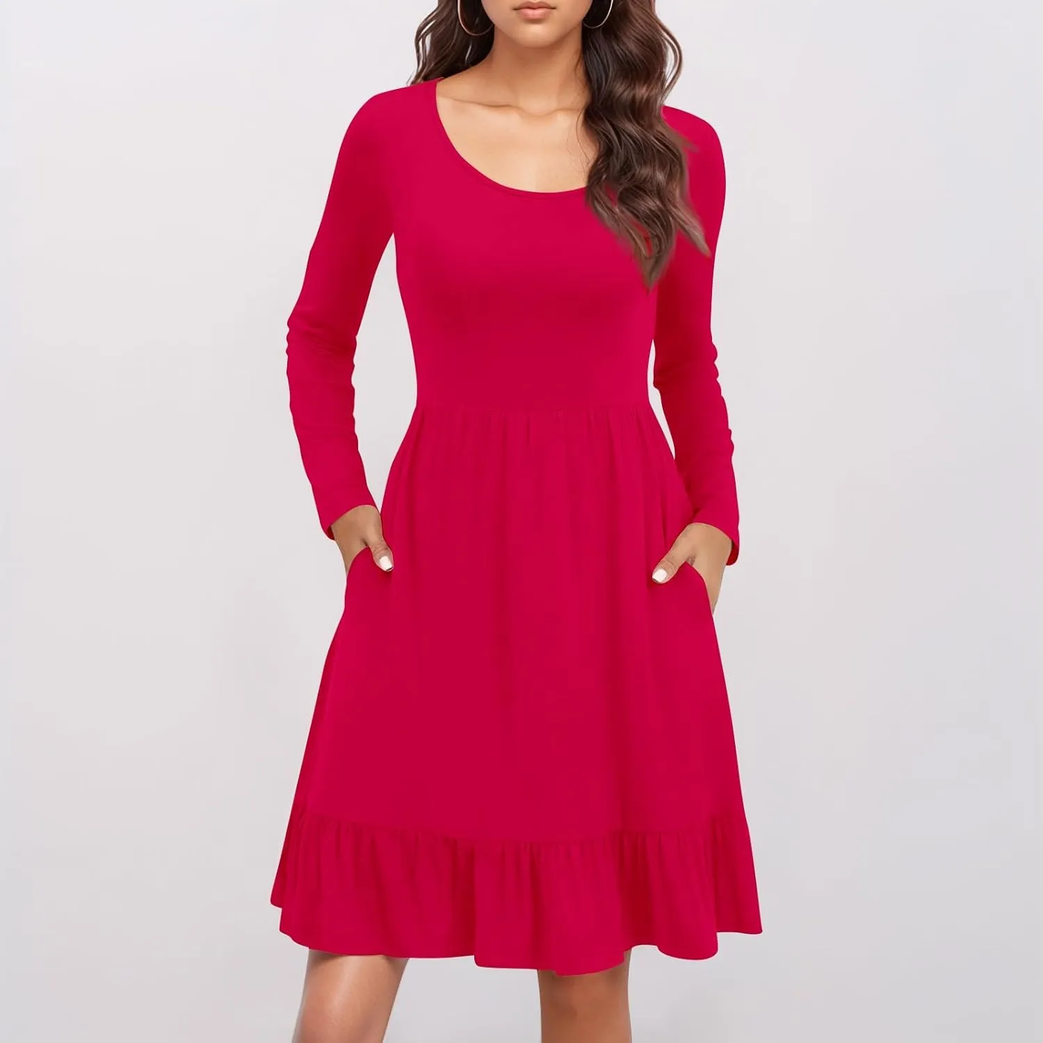 Long Sleeve Dress for Women Plus Size Casual Ruffle Tiered Swing Midi Dress with Pocket Tunic A-Line Dresses