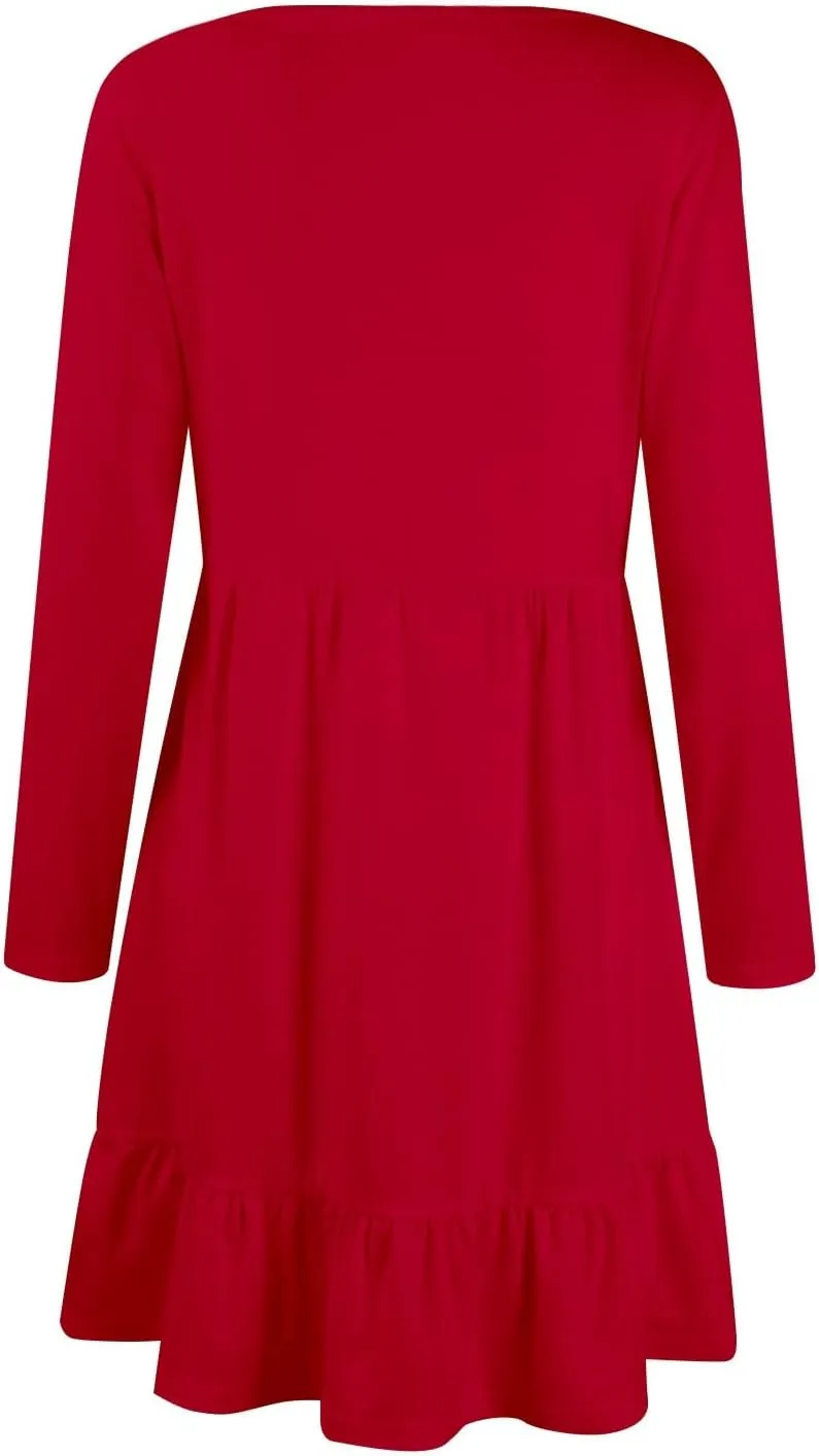 Long Sleeve Dress for Women Plus Size Casual Ruffle Tiered Swing Midi Dress with Pocket Tunic A-Line Dresses
