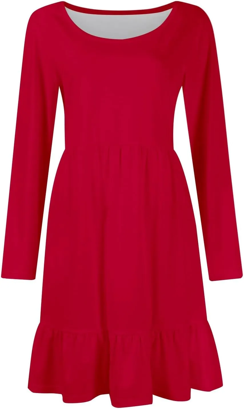 Long Sleeve Dress for Women Plus Size Casual Ruffle Tiered Swing Midi Dress with Pocket Tunic A-Line Dresses