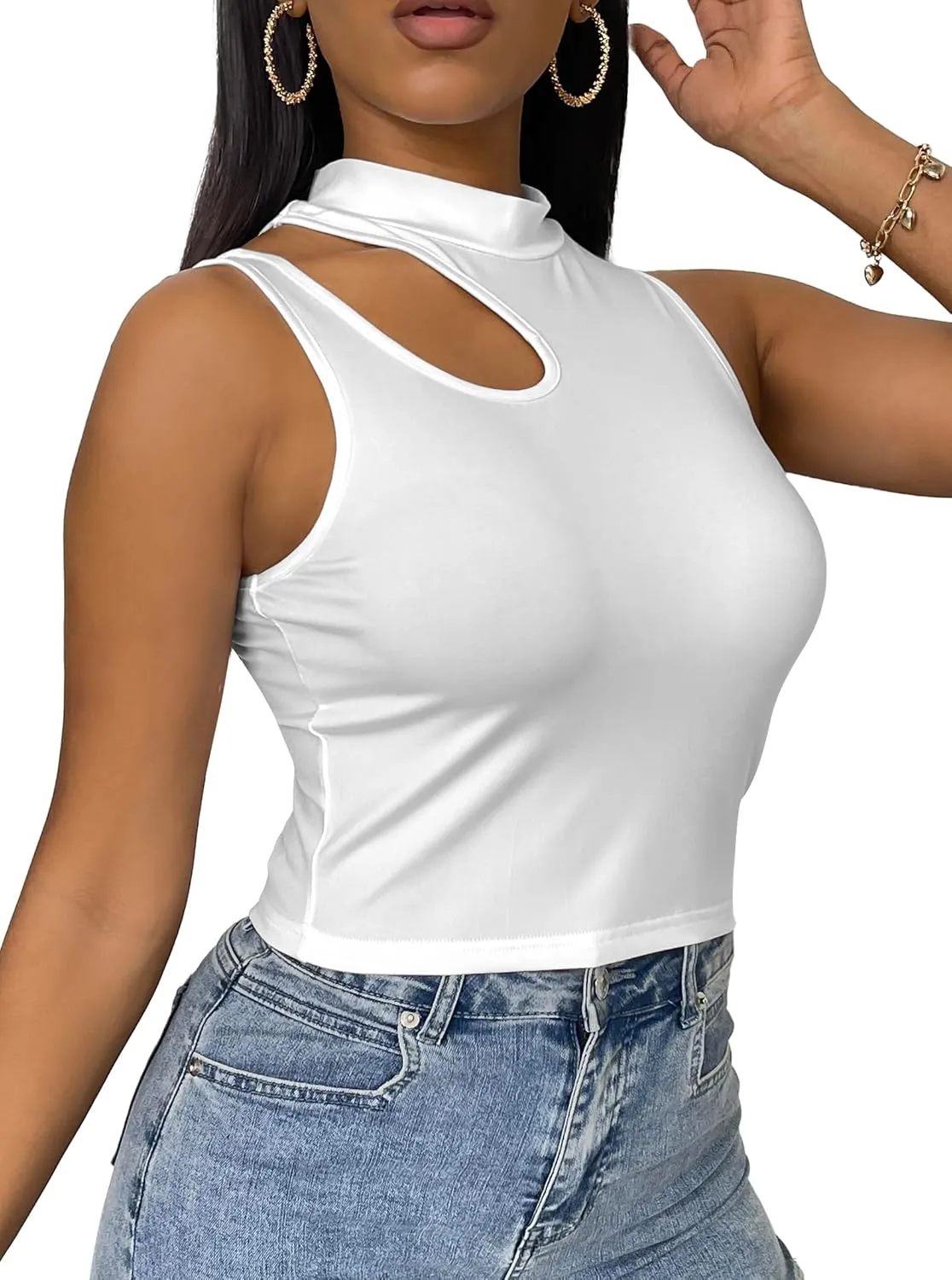 LovelyWholesale Womens 3 Pack Cut Out Crop Tops Mock Neck Summer Tank Top Sleeveless Shirt