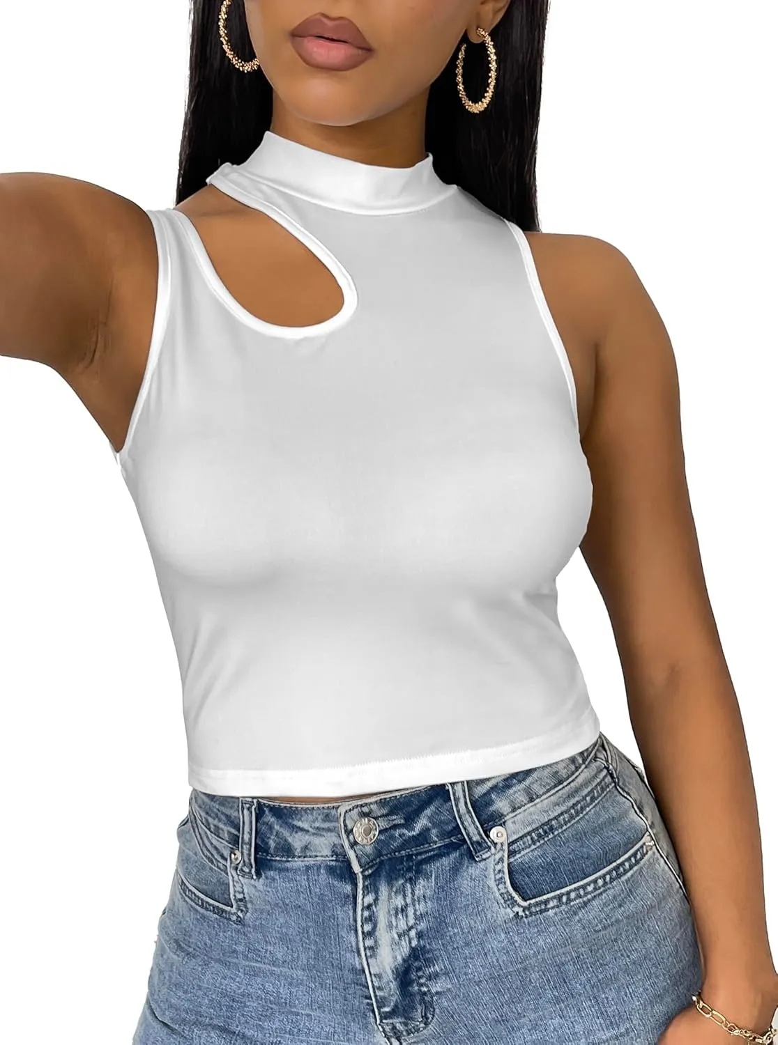 LovelyWholesale Womens 3 Pack Cut Out Crop Tops Mock Neck Summer Tank Top Sleeveless Shirt