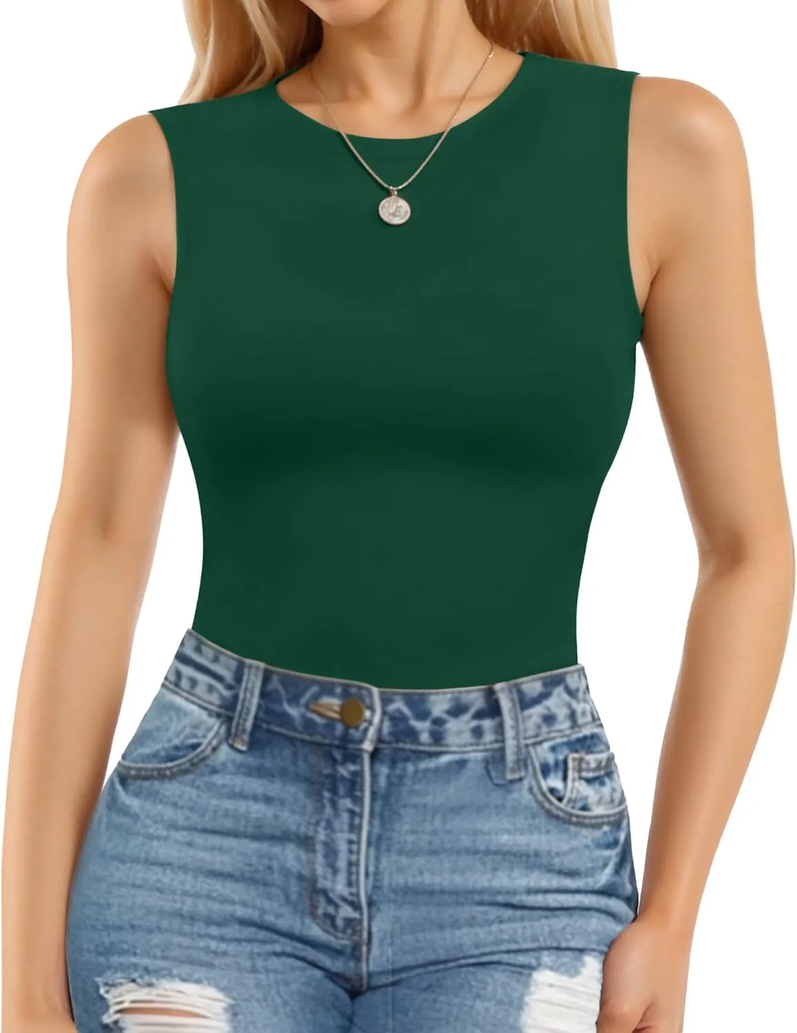MANGOPOP Sleeveless Bodysuits for Women Crew Neck Tank Top Body Suit Basic Slim Fit Bodysuit Tops