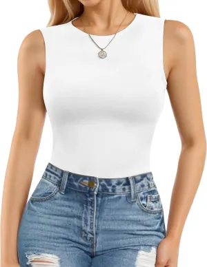 MANGOPOP Sleeveless Bodysuits for Women Crew Neck Tank Top Body Suit Basic Slim Fit Bodysuit Tops