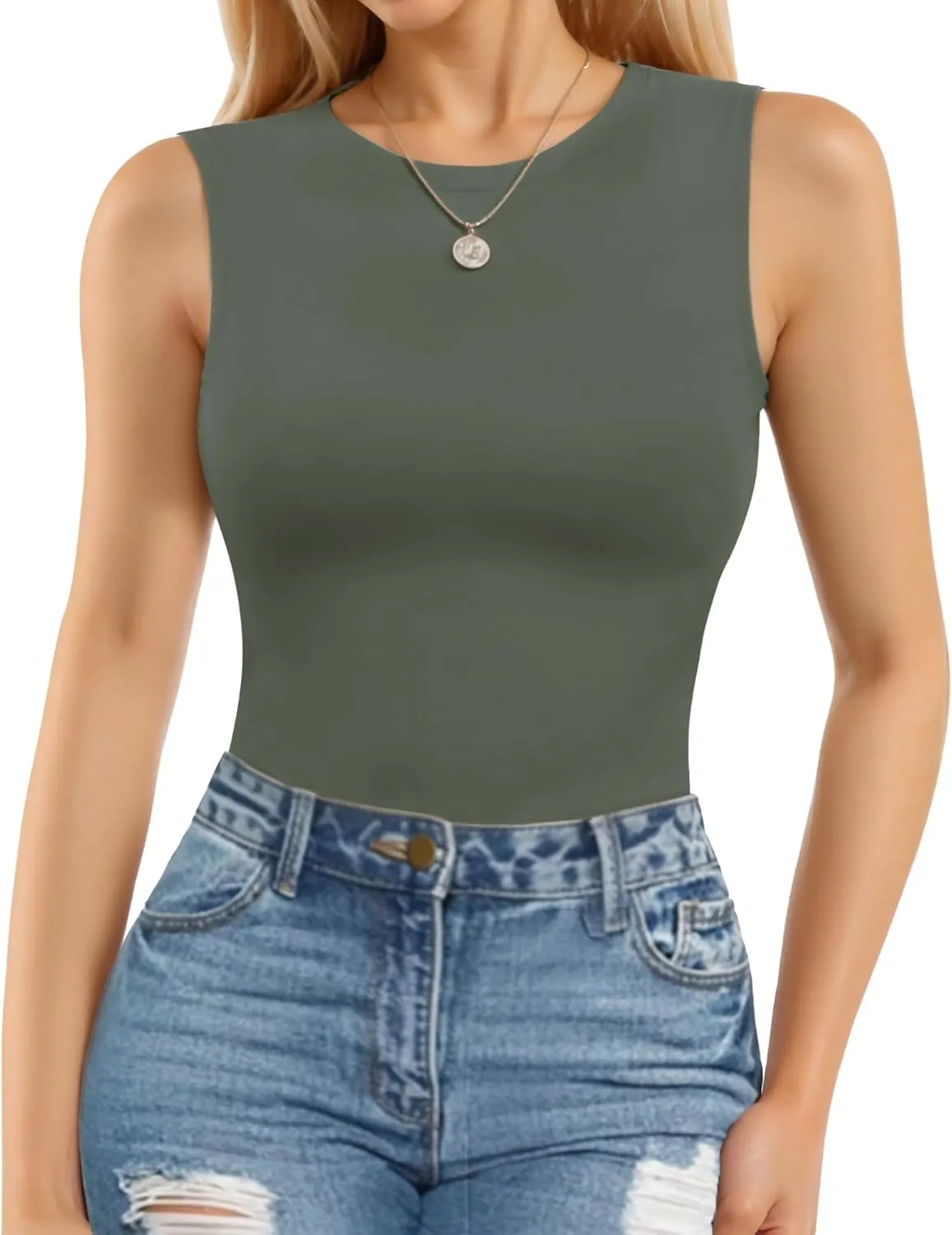 MANGOPOP Sleeveless Bodysuits for Women Crew Neck Tank Top Body Suit Basic Slim Fit Bodysuit Tops