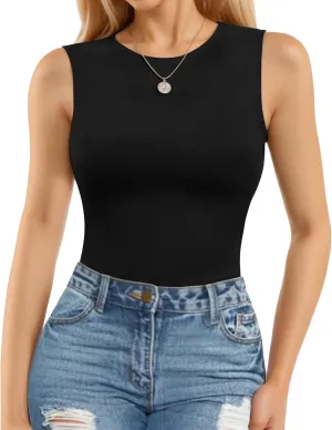 MANGOPOP Sleeveless Bodysuits for Women Crew Neck Tank Top Body Suit Basic Slim Fit Bodysuit Tops