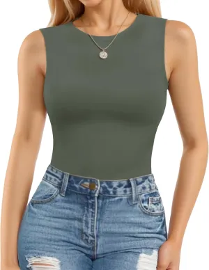 MANGOPOP Sleeveless Bodysuits for Women Crew Neck Tank Top Body Suit Basic Slim Fit Bodysuit Tops