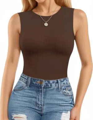 MANGOPOP Sleeveless Bodysuits for Women Crew Neck Tank Top Body Suit Basic Slim Fit Bodysuit Tops
