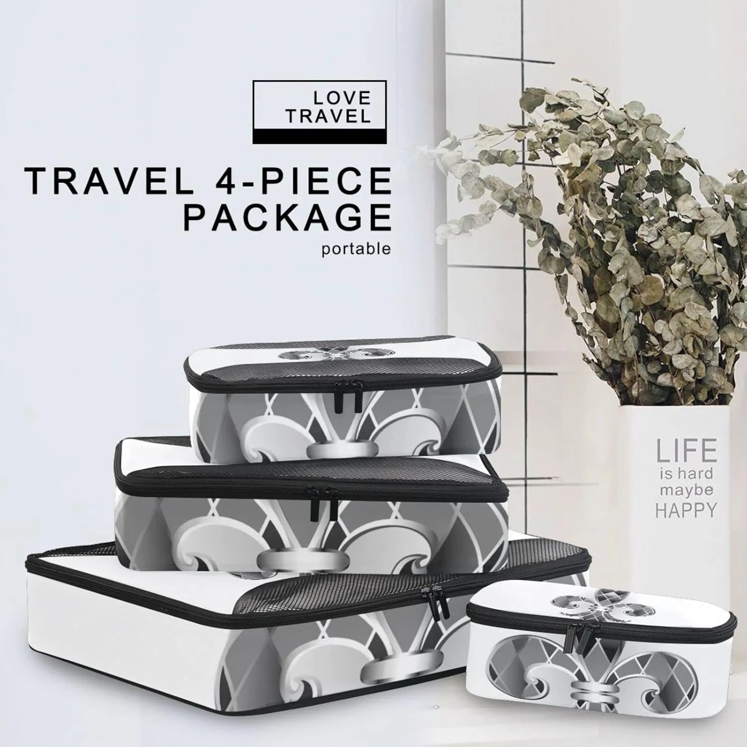 Mardi Gras Silver Jewelry Lily Fleur de Lis Green Purple Diamonds 4 PCs Set Packing Bags, Luggage Organizer Bag, Portable Cube Toiletry bag, Durable Travel Cosmetic Storage Bag for Men Women