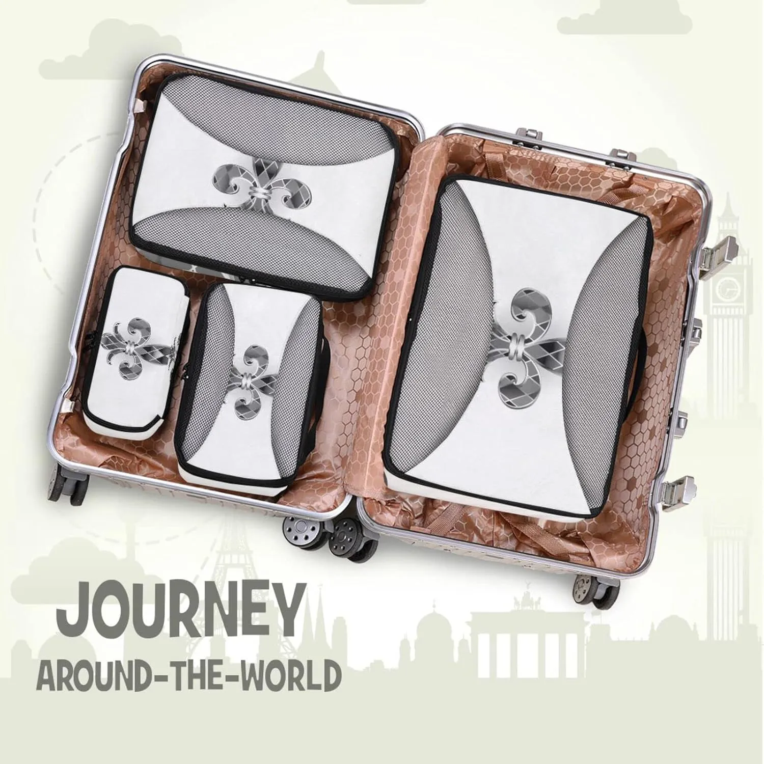 Mardi Gras Silver Jewelry Lily Fleur de Lis Green Purple Diamonds 4 PCs Set Packing Bags, Luggage Organizer Bag, Portable Cube Toiletry bag, Durable Travel Cosmetic Storage Bag for Men Women