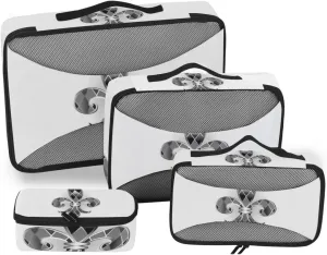 Mardi Gras Silver Jewelry Lily Fleur de Lis Green Purple Diamonds 4 PCs Set Packing Bags, Luggage Organizer Bag, Portable Cube Toiletry bag, Durable Travel Cosmetic Storage Bag for Men Women