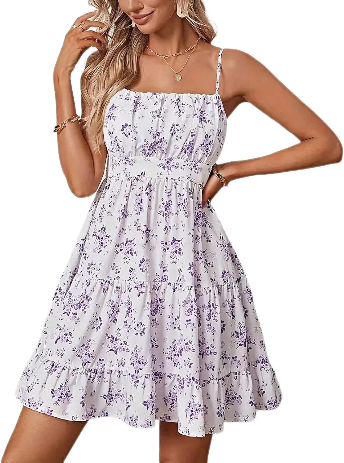 Melliflo Women's Floral Print Mini Dress Ruched Sleeveless Ruffle Hem A Line Swing Cocktail Vacation Cami Dress
