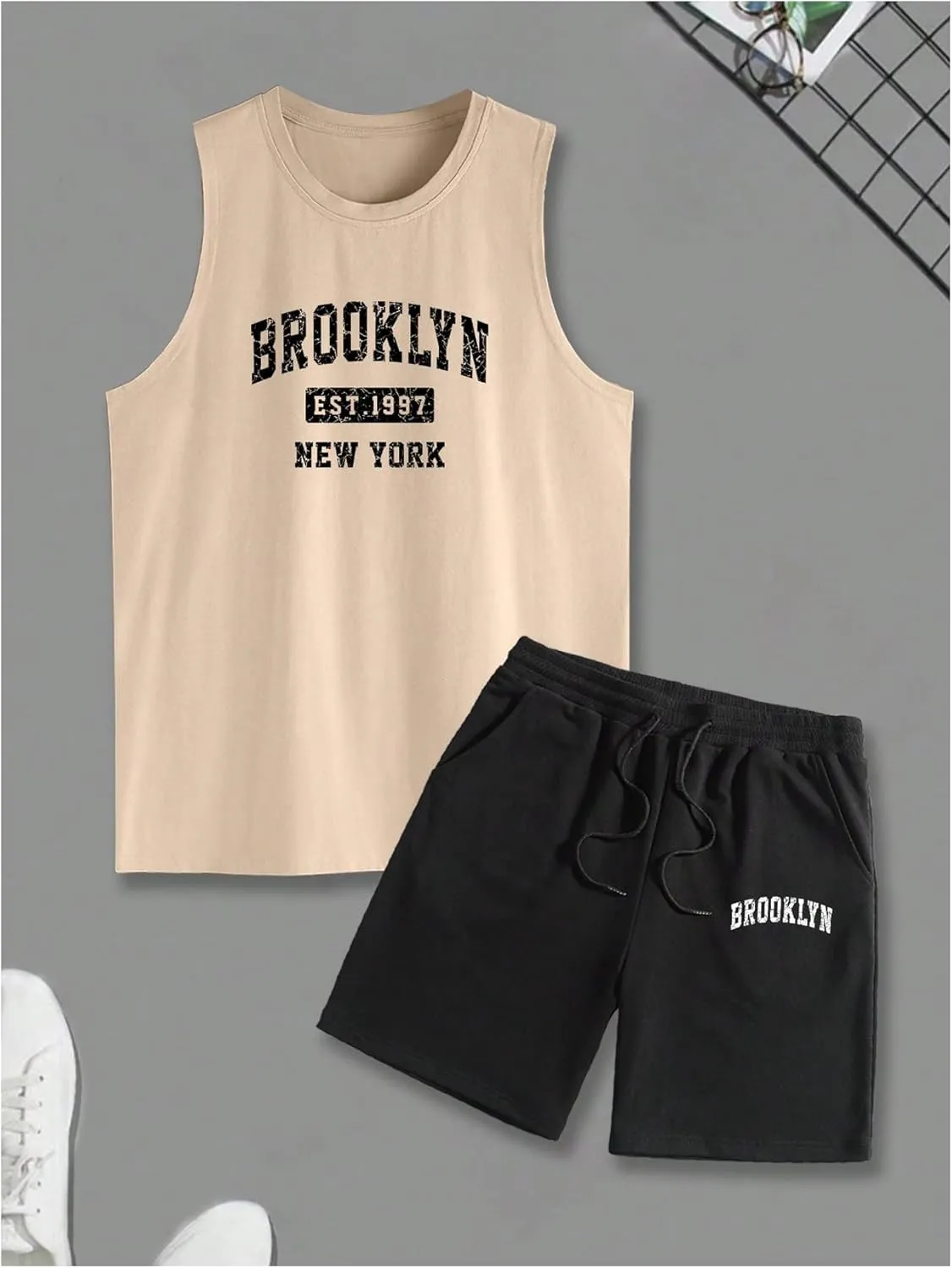 Men's 2 Piece Outfits Letter Print Basketball Tank Top and Drawstring Track Shorts Set Pockets Workout Tracksuits