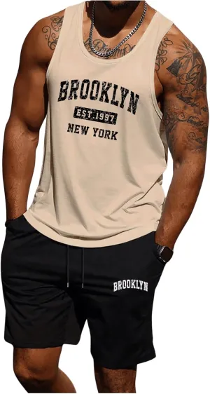 Men's 2 Piece Outfits Letter Print Basketball Tank Top and Drawstring Track Shorts Set Pockets Workout Tracksuits
