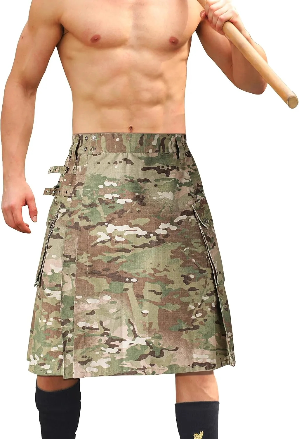 Men's Camo Scottish Outdoor Utility Kilt - 23" Length Pleated Tactical Irish Hybrid Kilt With Pockets
