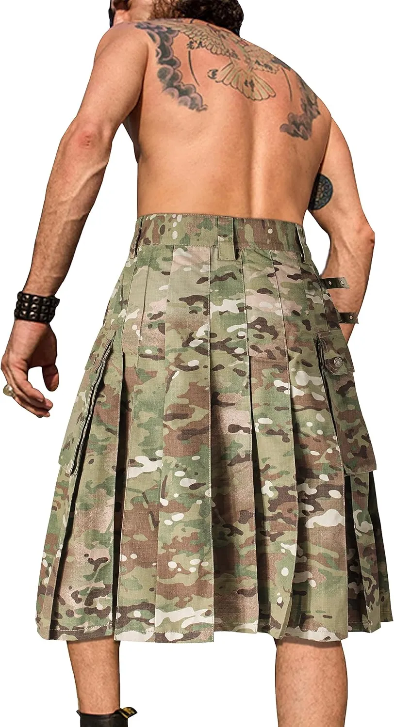 Men's Camo Scottish Outdoor Utility Kilt - 23" Length Pleated Tactical Irish Hybrid Kilt With Pockets